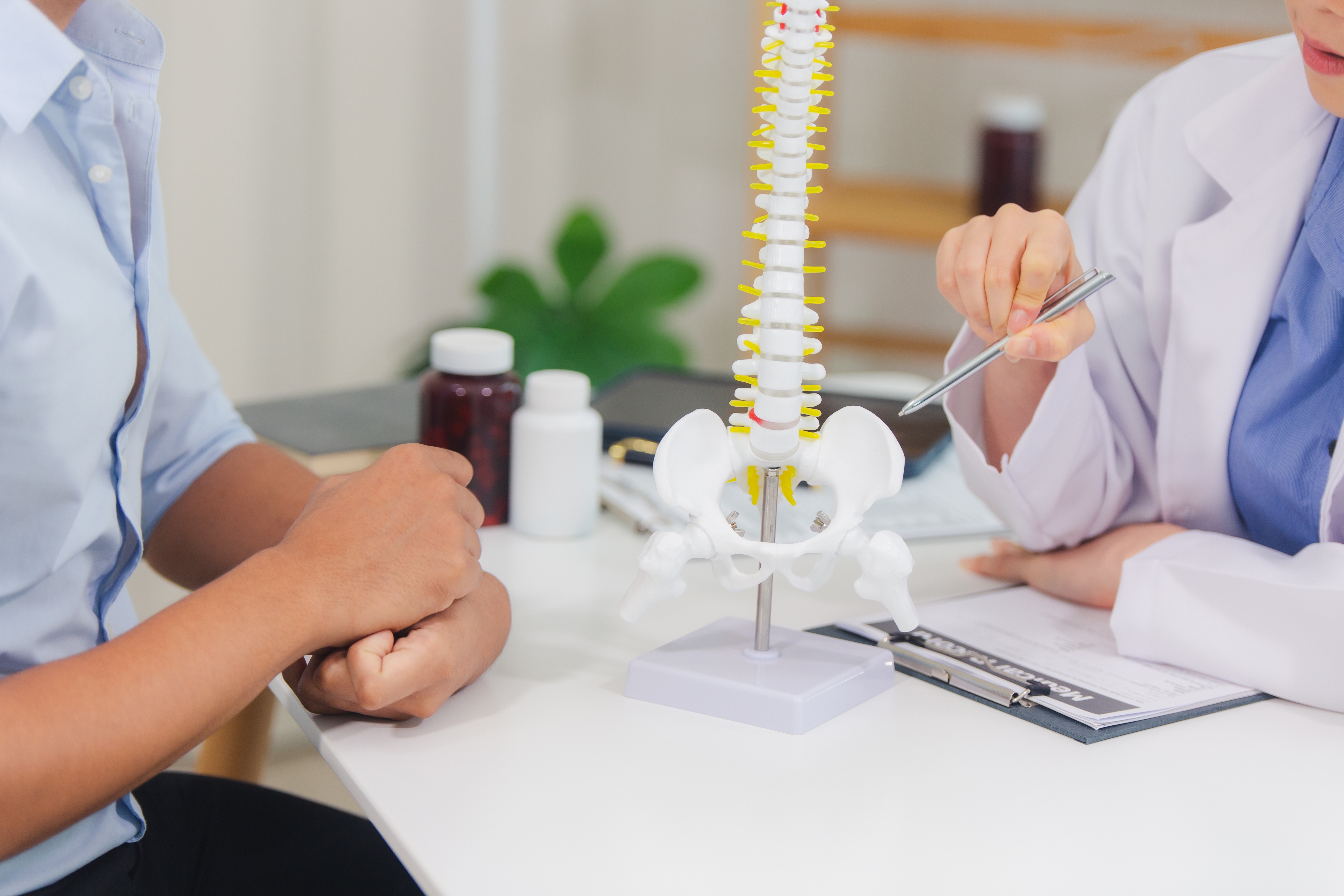 Physician using a lumbar spine and pelvis model to explain a diagnosis to a patient